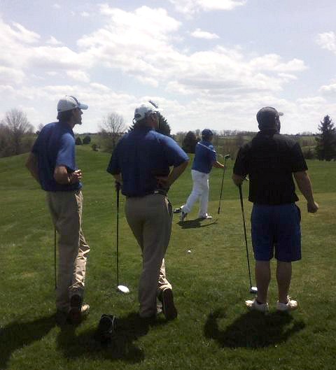 (L-R) Tyler Rogers, Cody Hyden, and Berea's Chad Perrugia watch Steve Haddix tee off on the first hole of singles matches.